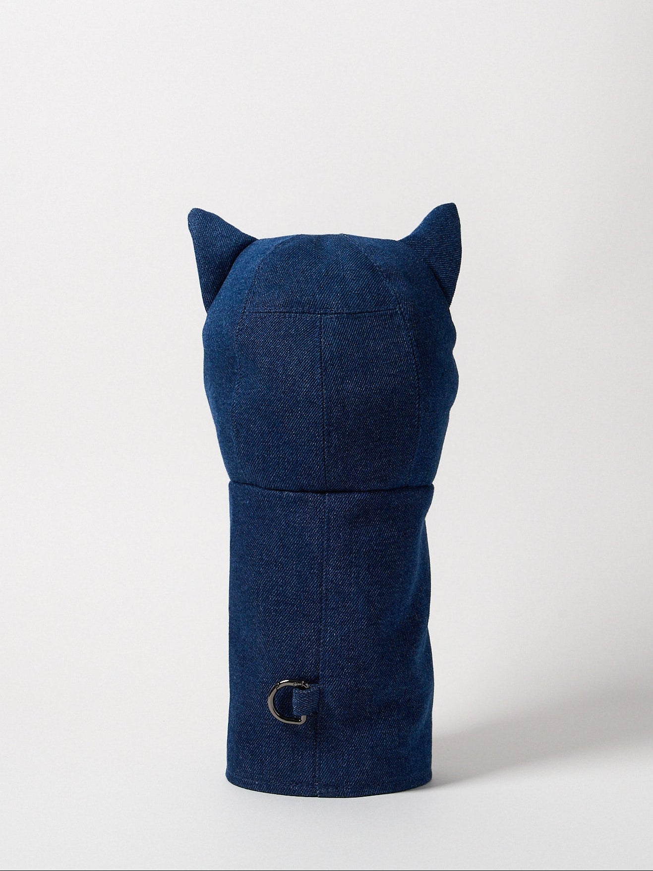 Back view of a premium heavy-weight indigo denim driver headcover featuring artisanal top-stitching and a functional front utility pocket.