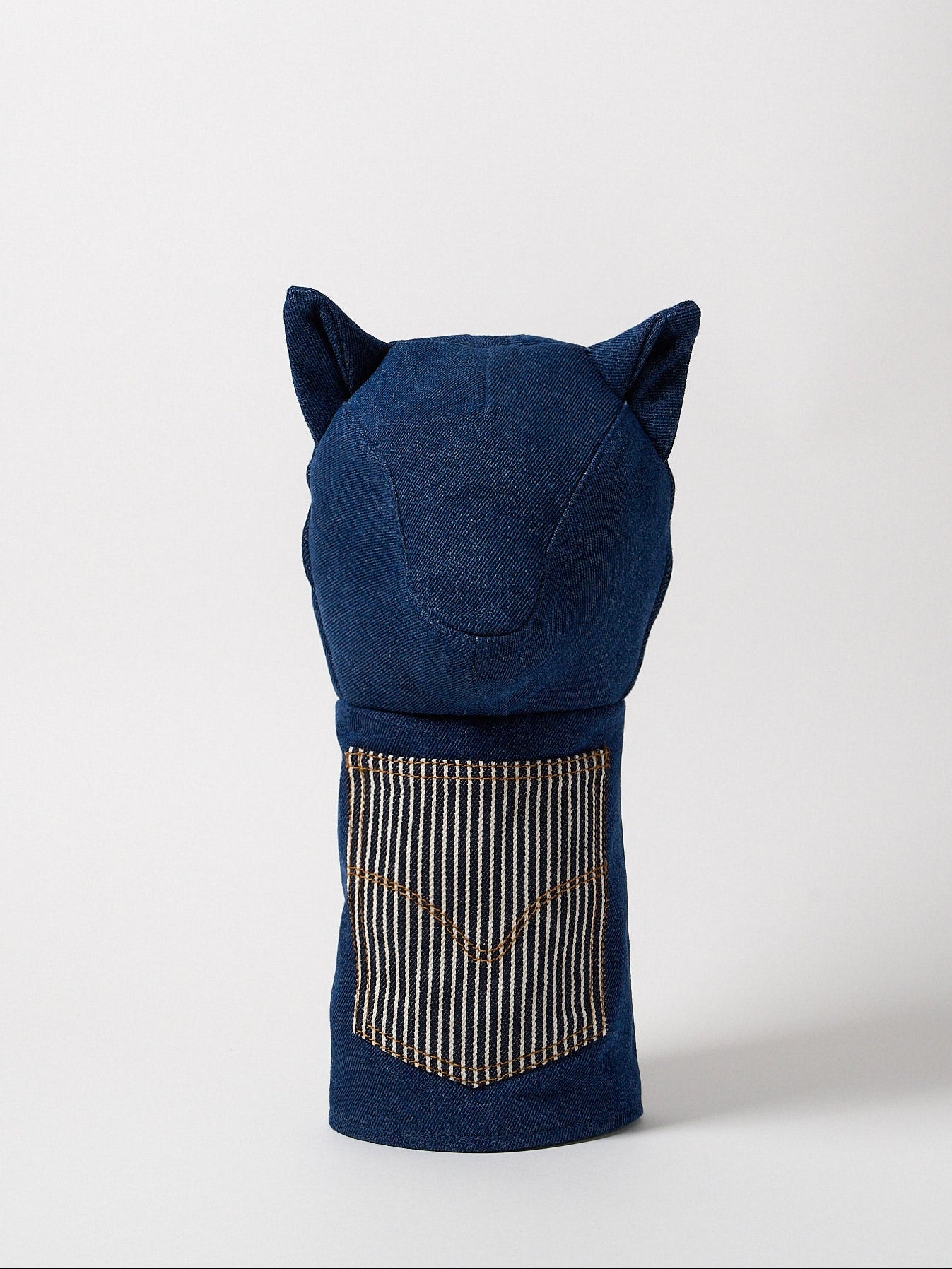 Front view of a premium heavy-weight indigo denim driver headcover featuring artisanal top-stitching and a functional front utility pocket.