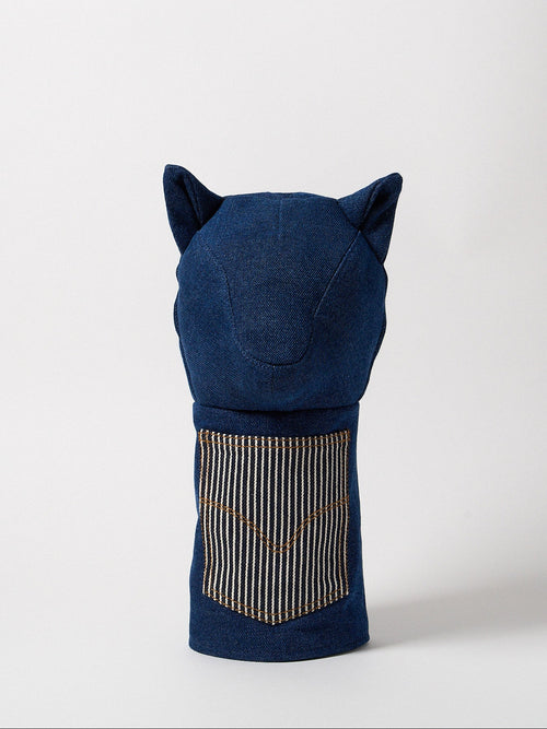 Front view of a premium heavy-weight indigo denim driver headcover featuring artisanal top-stitching and a functional front utility pocket.