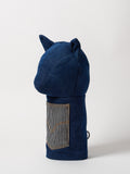 Profile view of a premium heavy-weight indigo denim driver headcover featuring artisanal top-stitching and a functional front utility pocket.