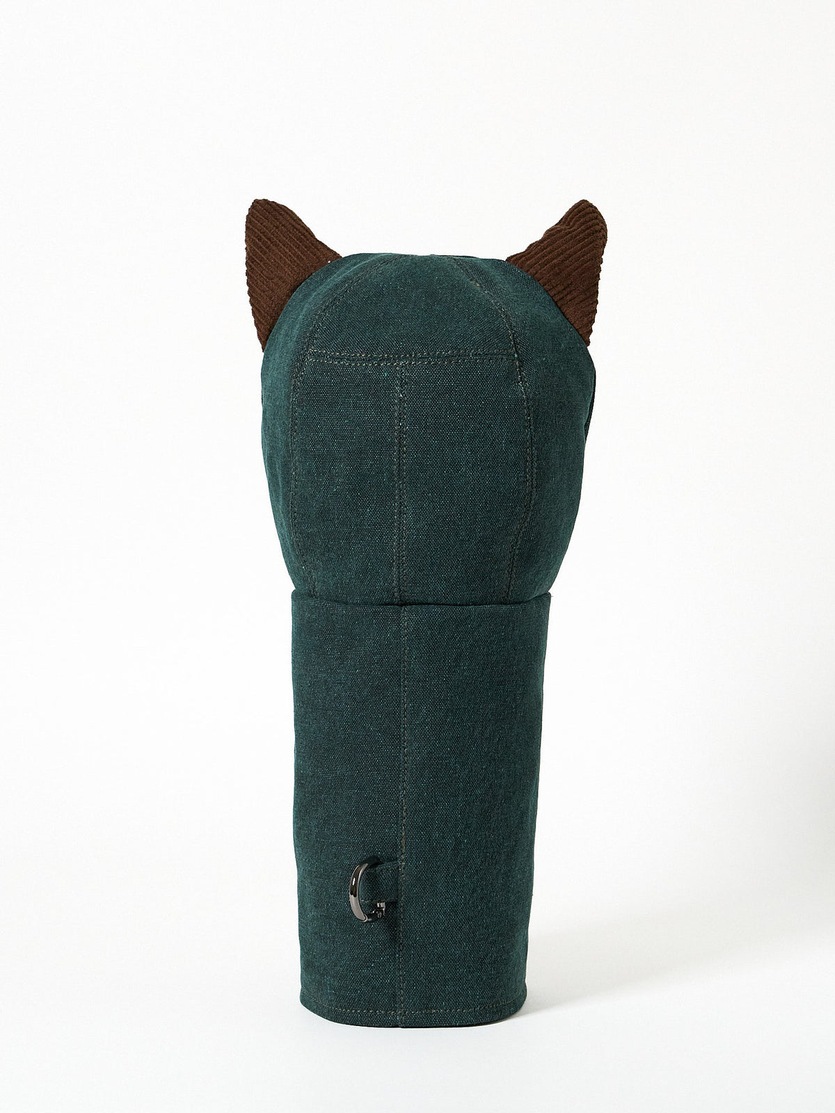 A handcrafted golf headcover made from deep forest-green heavy canvas fabric, uniquely detailed with a pair of matching corduroy ears on the top.