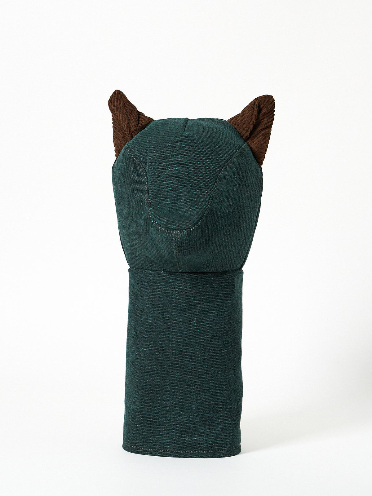 A handcrafted golf headcover made from deep forest-green heavy canvas fabric, uniquely detailed with a pair of matching corduroy ears on the top.