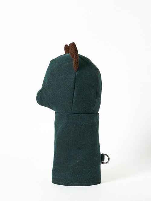A handcrafted golf headcover made from deep forest-green heavy canvas fabric, uniquely detailed with a pair of matching corduroy ears on the top.