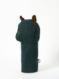 A handcrafted golf headcover made from deep forest-green heavy canvas fabric, uniquely detailed with a pair of matching corduroy ears on the top.
