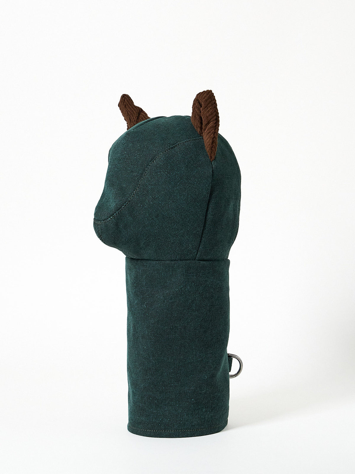 A handcrafted golf headcover made from deep forest-green heavy canvas fabric, uniquely detailed with a pair of matching corduroy ears on the top.