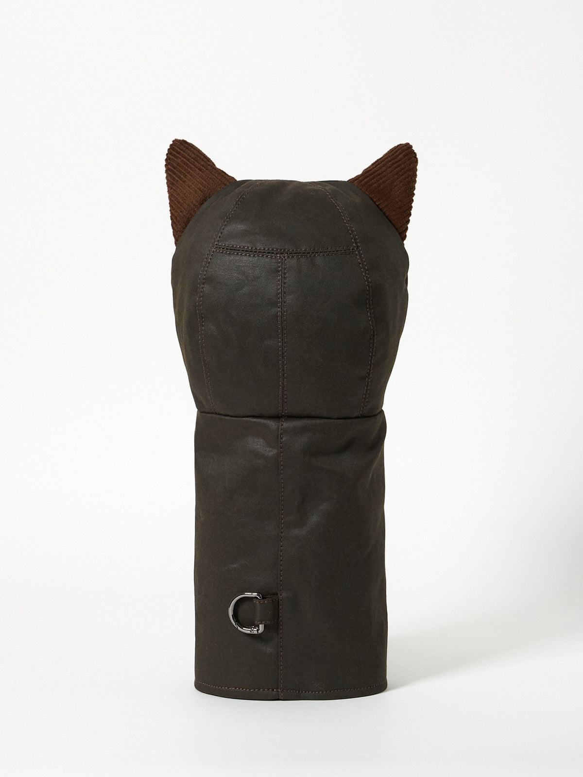 Structured Barbour-style waxed cotton golf driver headcover with textured corduroy ear accents.