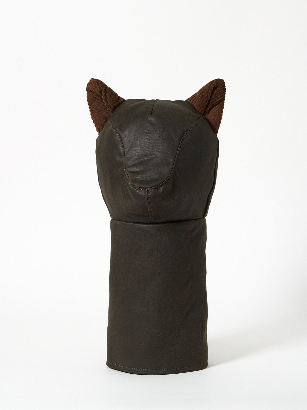 Structured Barbour-style waxed cotton golf driver headcover with textured corduroy ear accents.