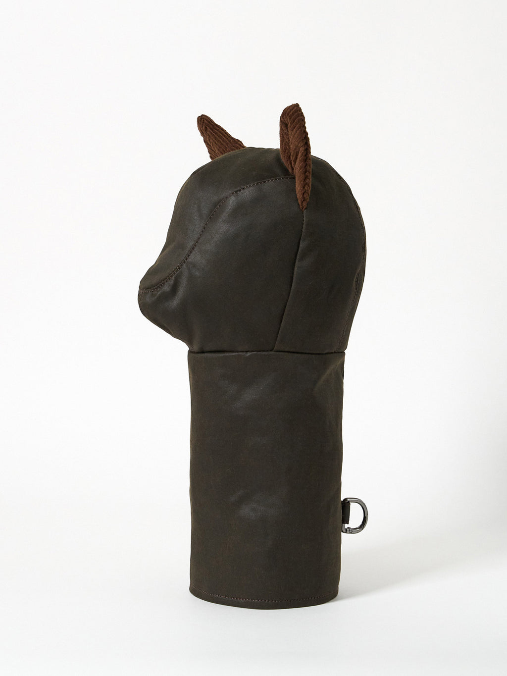 Structured Barbour-style waxed cotton golf driver headcover with textured corduroy ear accents.