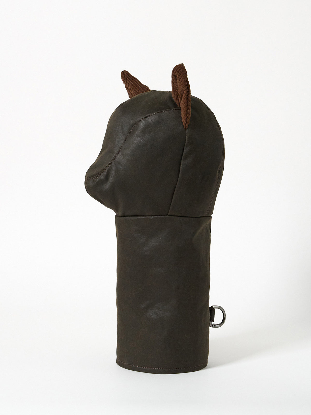 Structured Barbour-style waxed cotton golf driver headcover with textured corduroy ear accents.