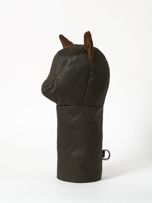 Structured Barbour-style waxed cotton golf driver headcover with textured corduroy ear accents.