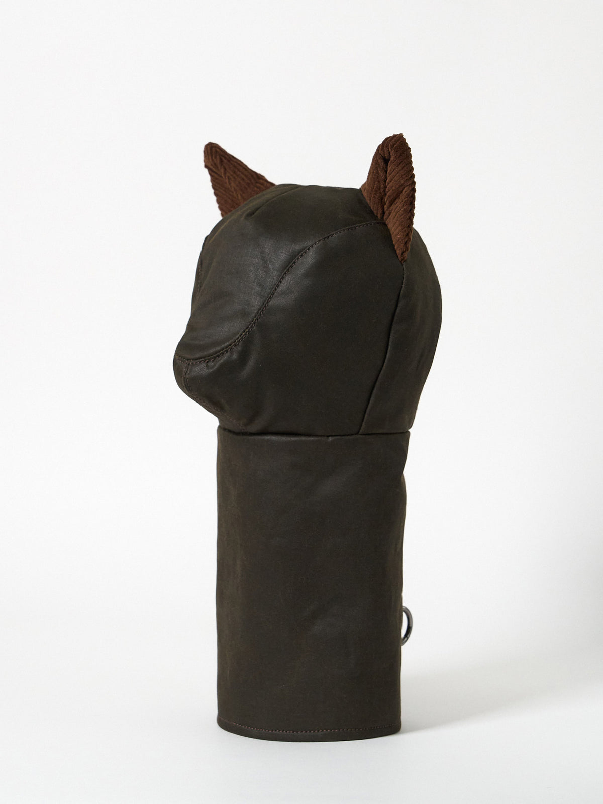 Structured Barbour-style waxed cotton golf driver headcover with textured corduroy ear accents.