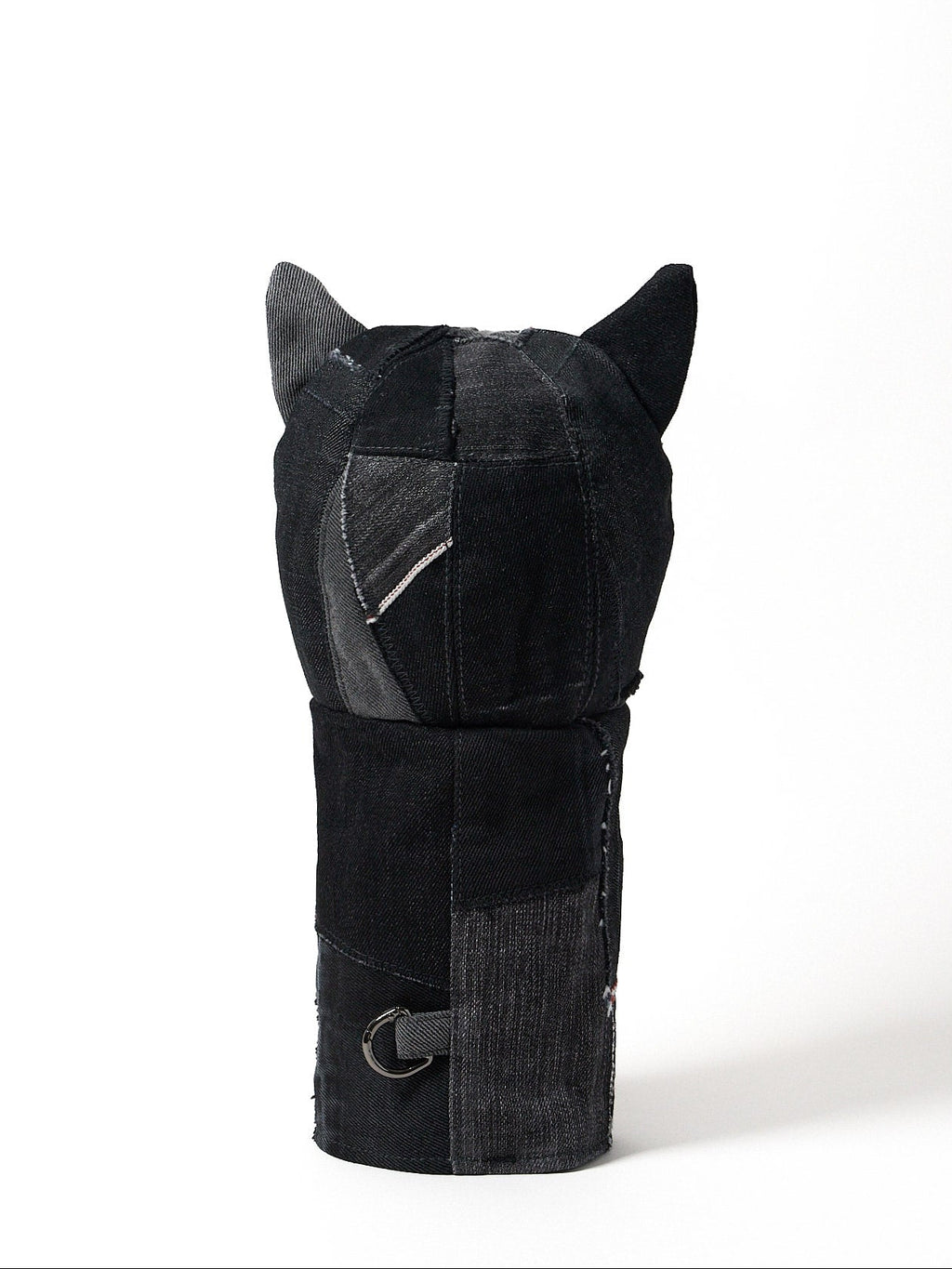 back view of a premium black Sashiko denim golf driver headcover featuring traditional Japanese reinforced stitching