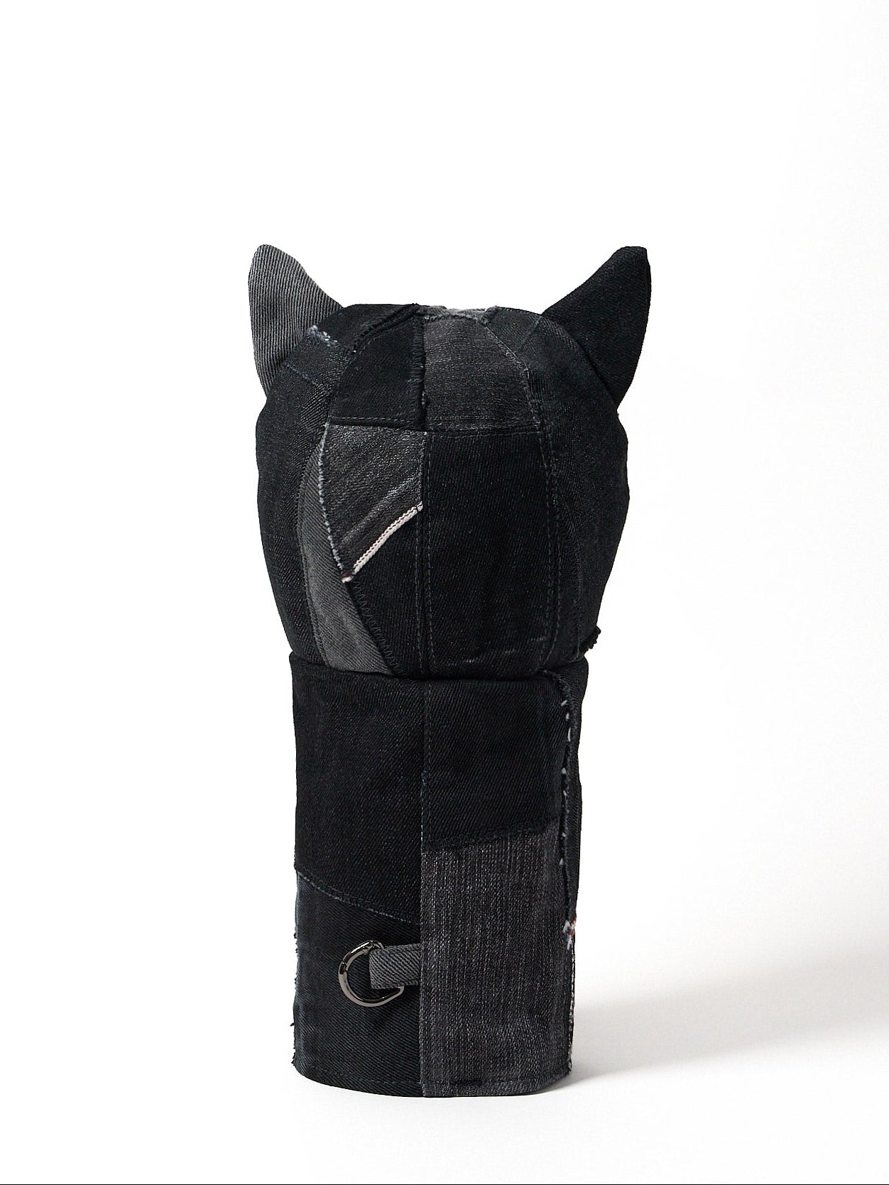 back view of a premium black Sashiko denim golf driver headcover featuring traditional Japanese reinforced stitching