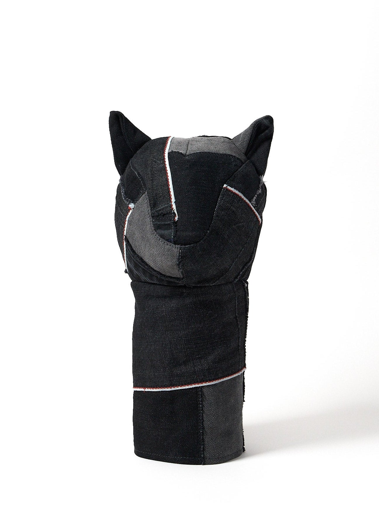 front view of a premium black Sashiko denim golf driver headcover featuring traditional Japanese reinforced stitching