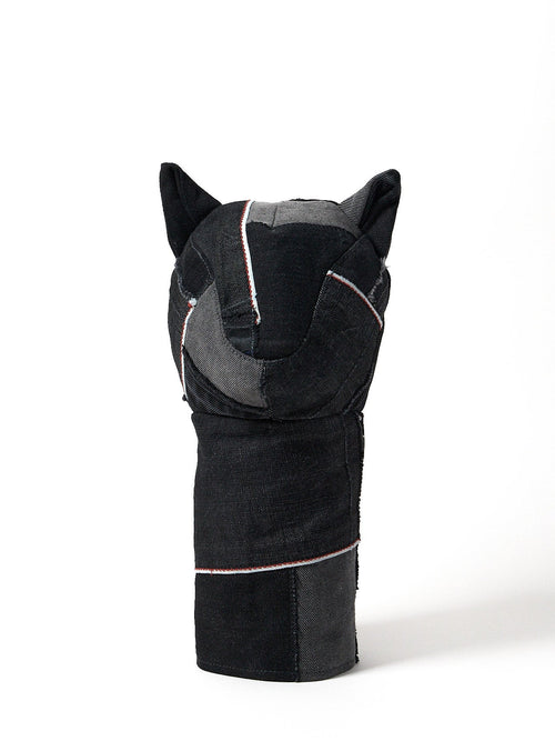front view of a premium black Sashiko denim golf driver headcover featuring traditional Japanese reinforced stitching
