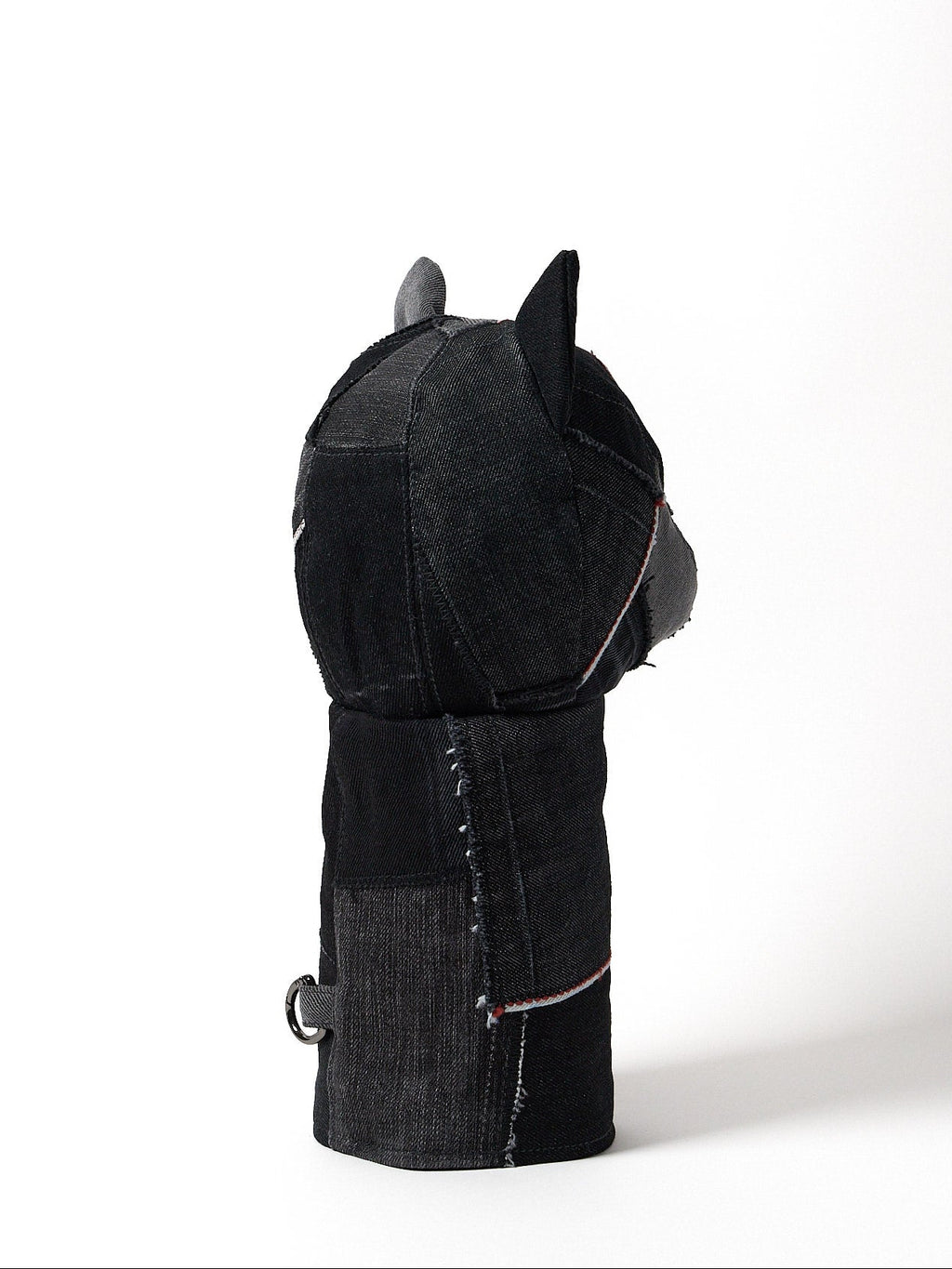 back view of a premium black Sashiko denim golf driver headcover featuring traditional Japanese reinforced stitching