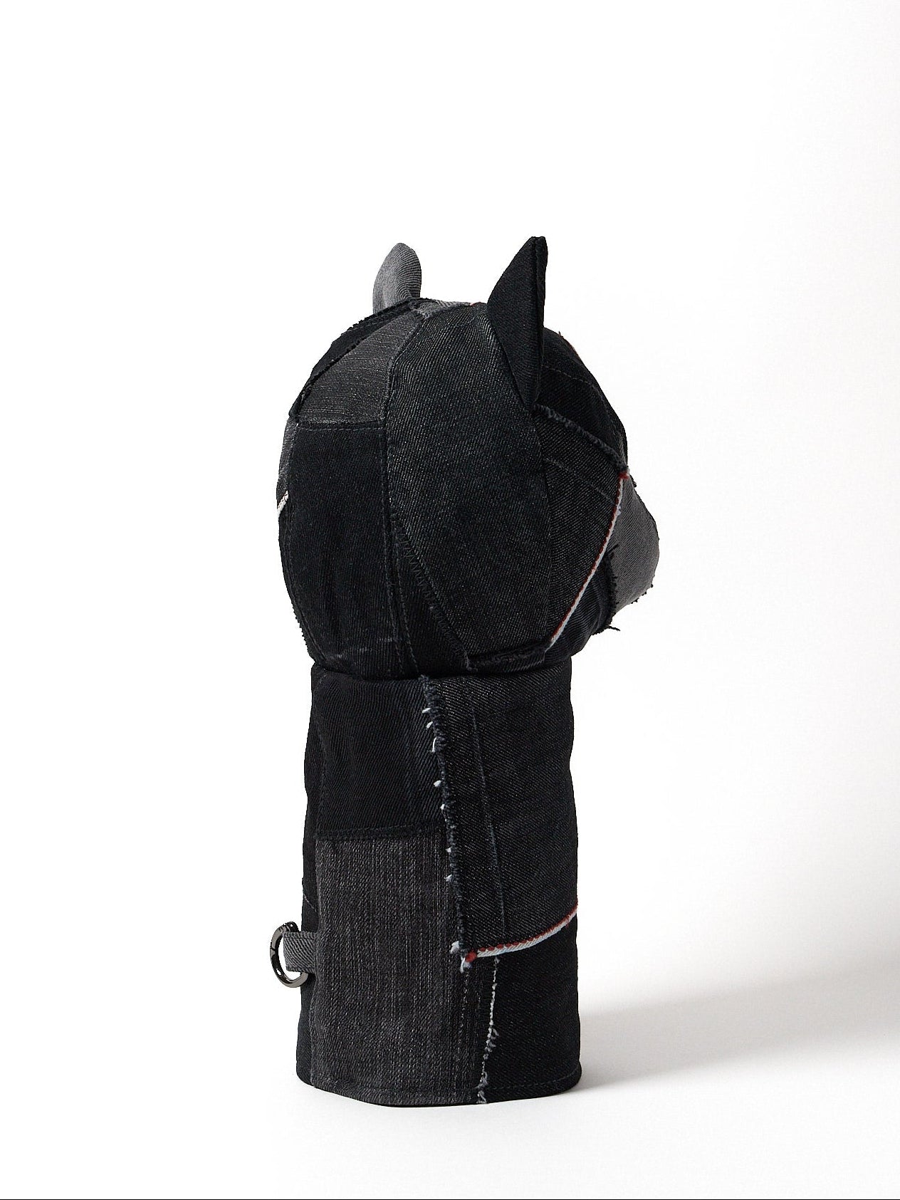 back view of a premium black Sashiko denim golf driver headcover featuring traditional Japanese reinforced stitching