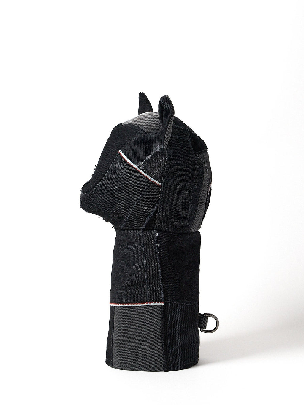 Side view of a premium black Sashiko denim golf driver headcover featuring traditional Japanese reinforced stitching