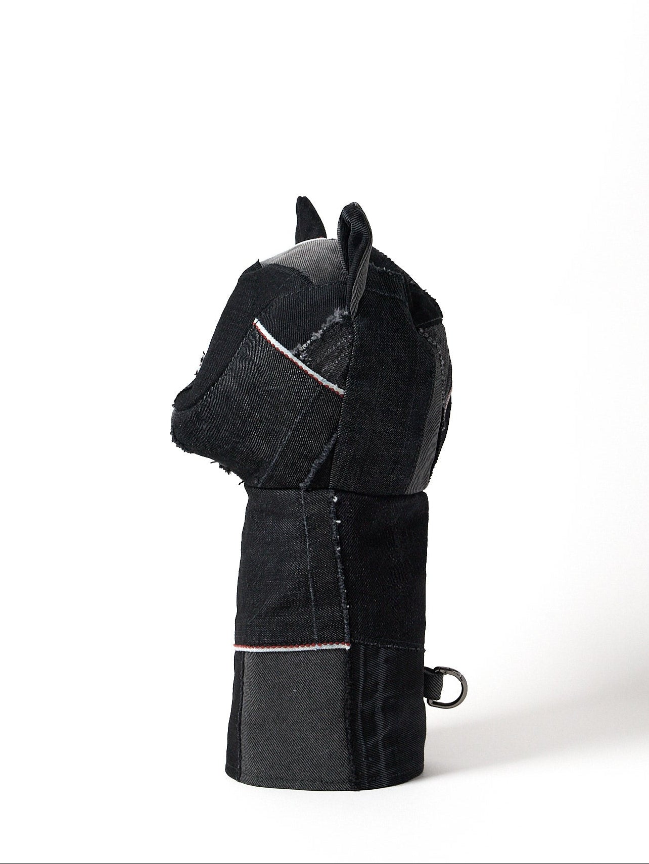 Side view of a premium black Sashiko denim golf driver headcover featuring traditional Japanese reinforced stitching