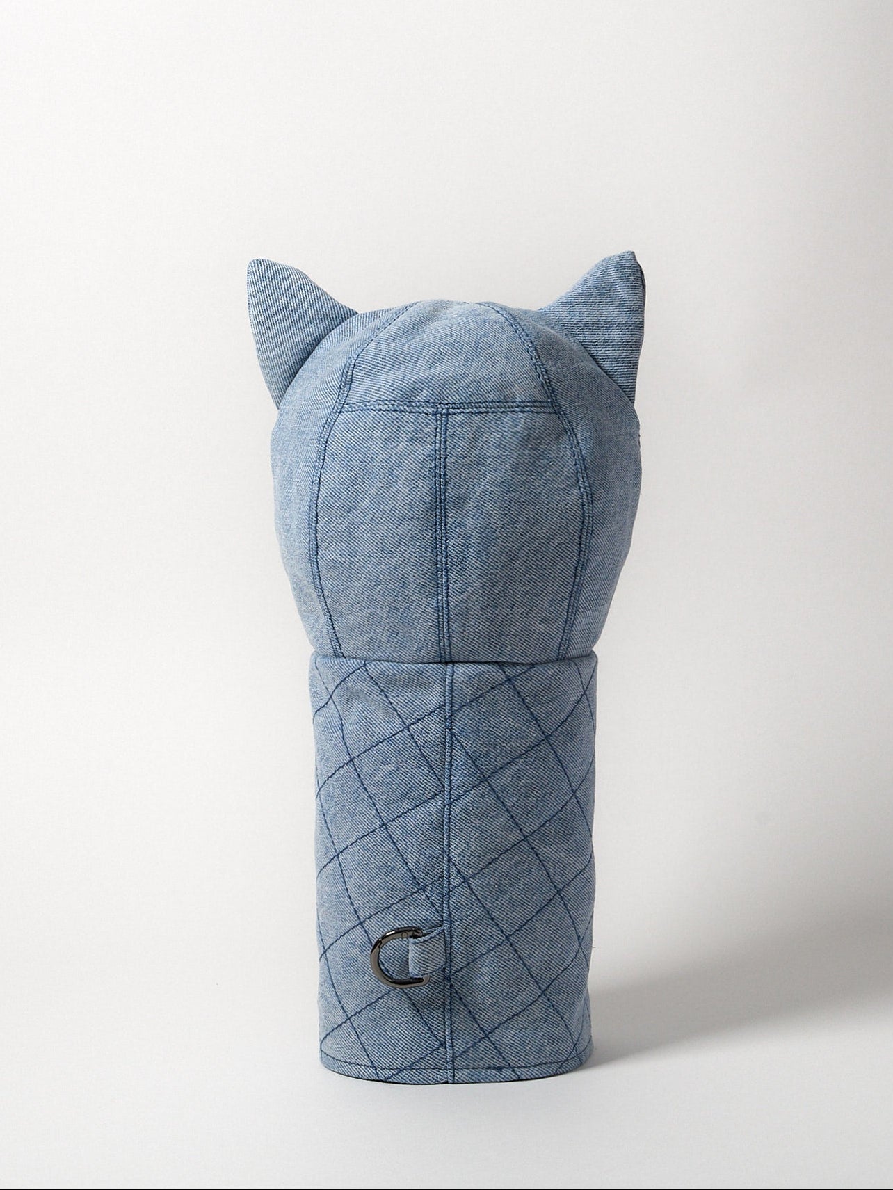 Diamond topstitch driver head cover in back view, light blue Japanese denim with structured woven pattern