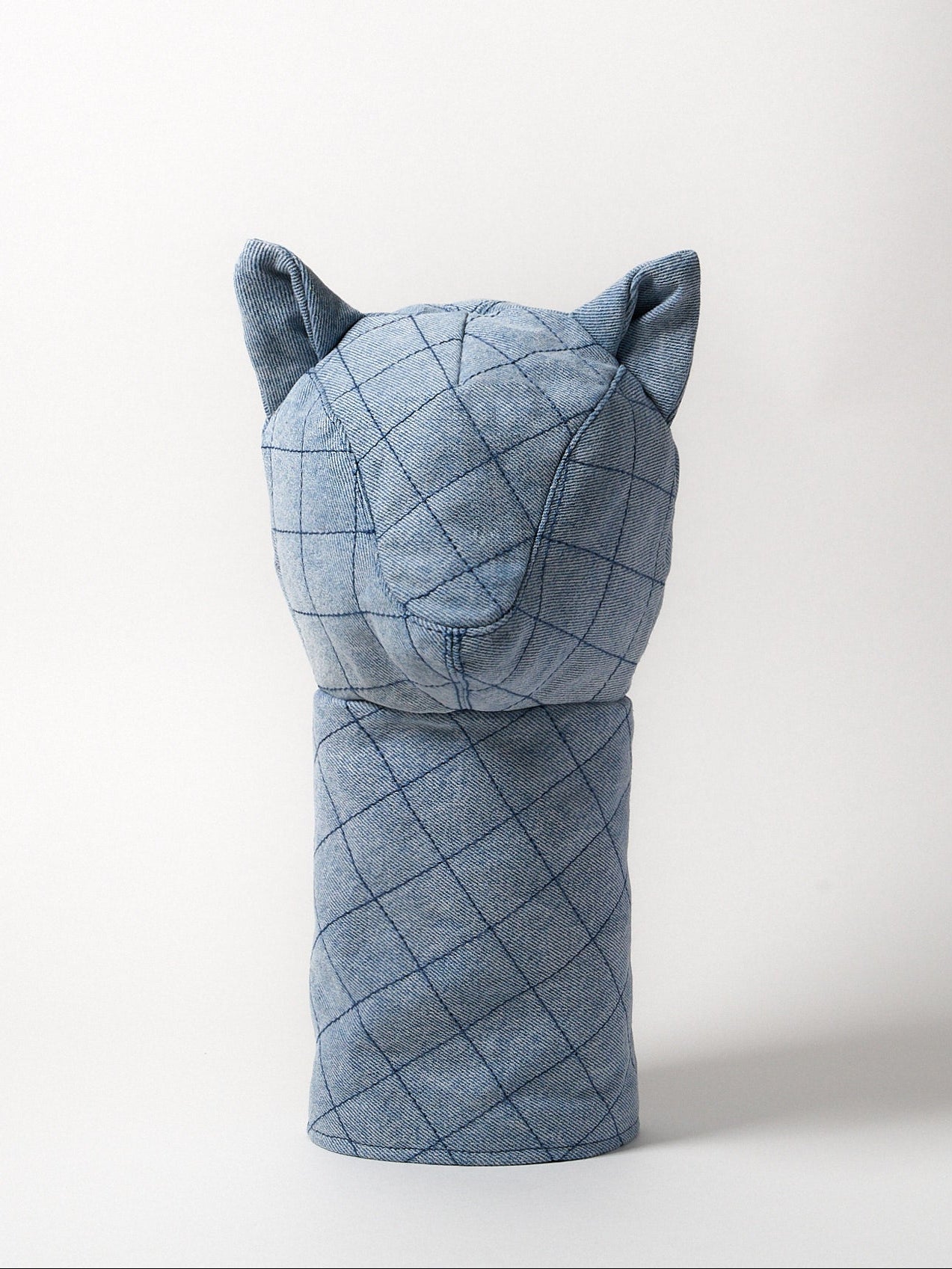 Diamond topstitch driver head cover in front view, light blue Japanese denim with structured woven pattern