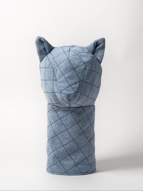 Diamond topstitch driver head cover in front view, light blue Japanese denim with structured woven pattern