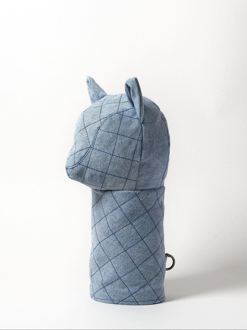 Diamond topstitch driver head cover in profile view, light blue Japanese denim with structured woven pattern