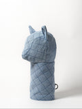 Diamond topstitch driver head cover in profile view, light blue Japanese denim with structured woven pattern