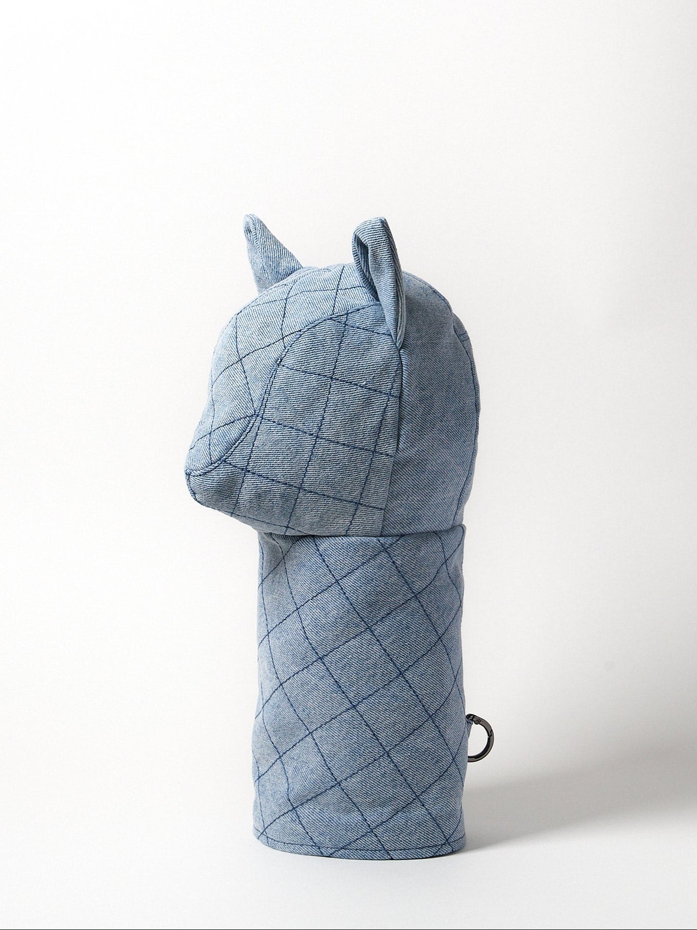 Diamond topstitch driver head cover in profile view, light blue Japanese denim with structured woven pattern