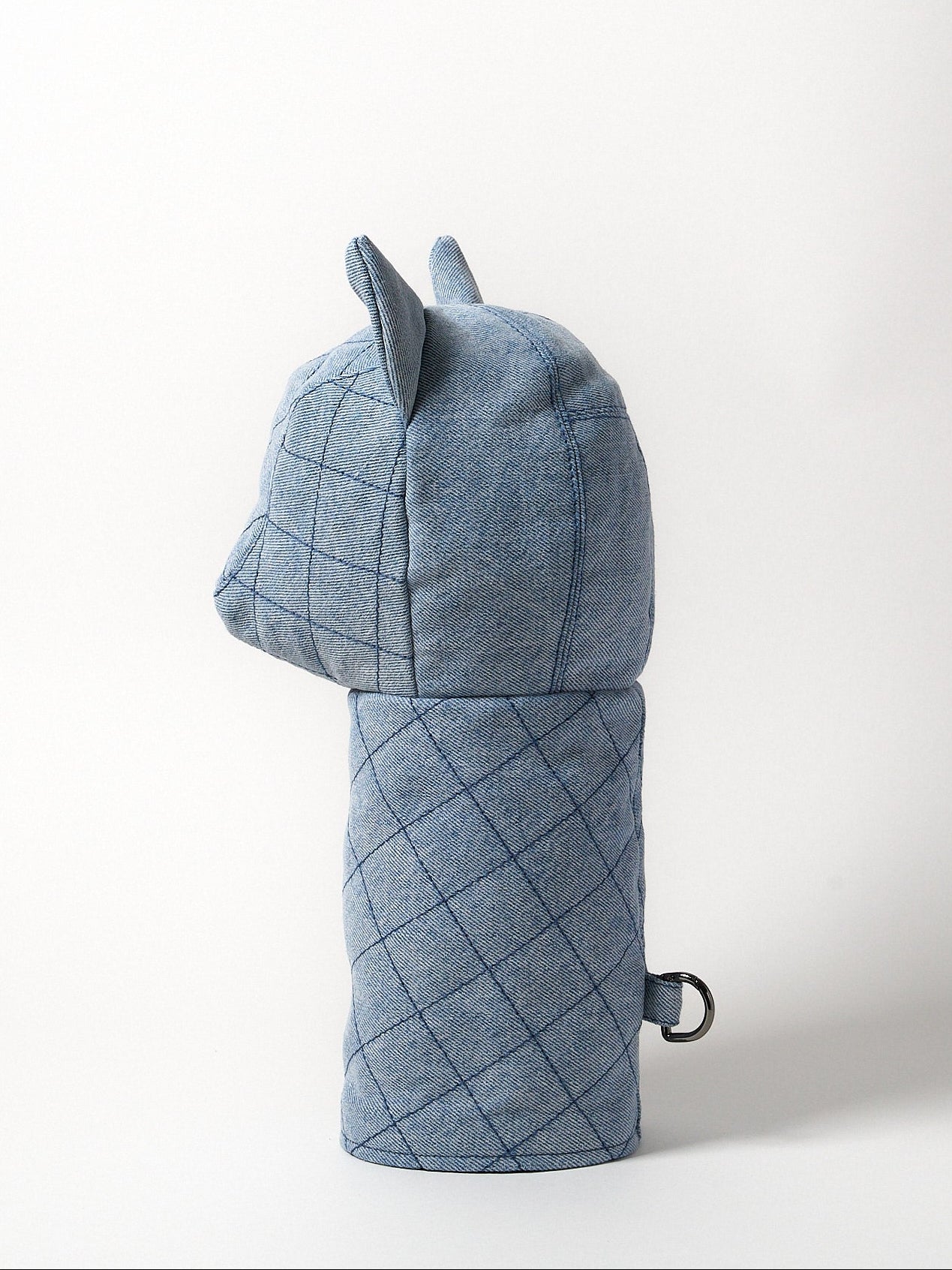 Diamond topstitch driver head cover in profile view, light blue Japanese denim with structured woven pattern