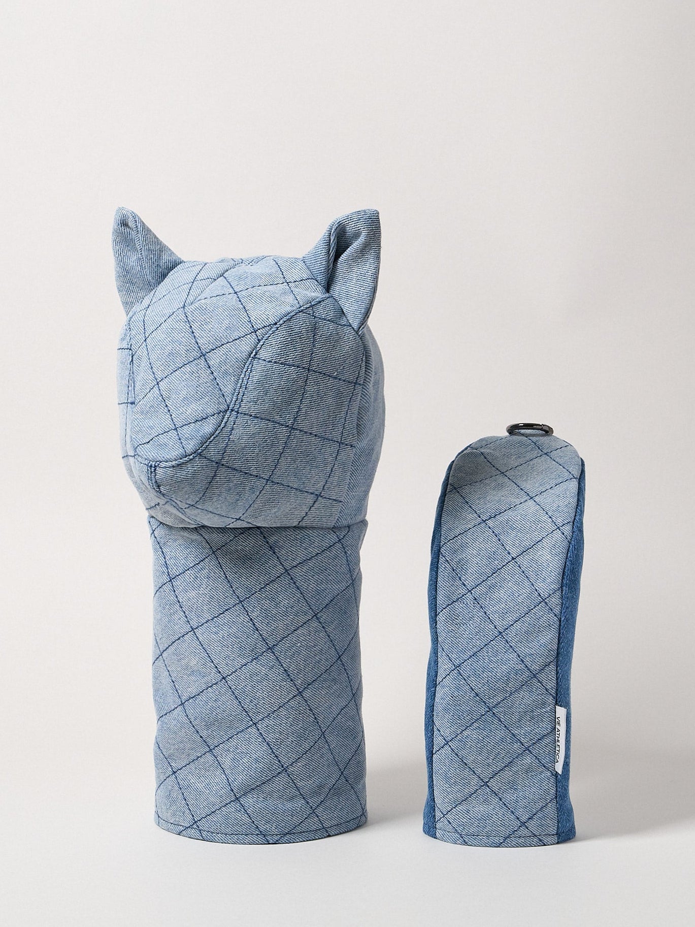 Diamond topstitch head cover  set in front view, light blue Japanese denim with structured woven pattern