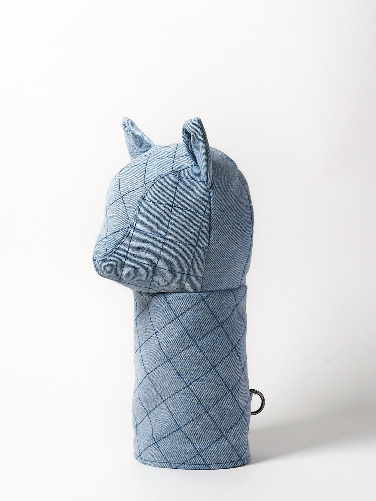 A light blue denim-like hooded neck warmer or face mask with a diamond grid pattern, featuring cat ears on the hood and a small black ring detail on the side, shown against a plain white background.