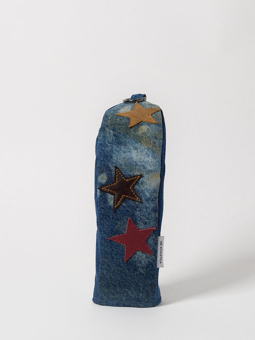 leather star on denim fairway wood golf club cover – front view