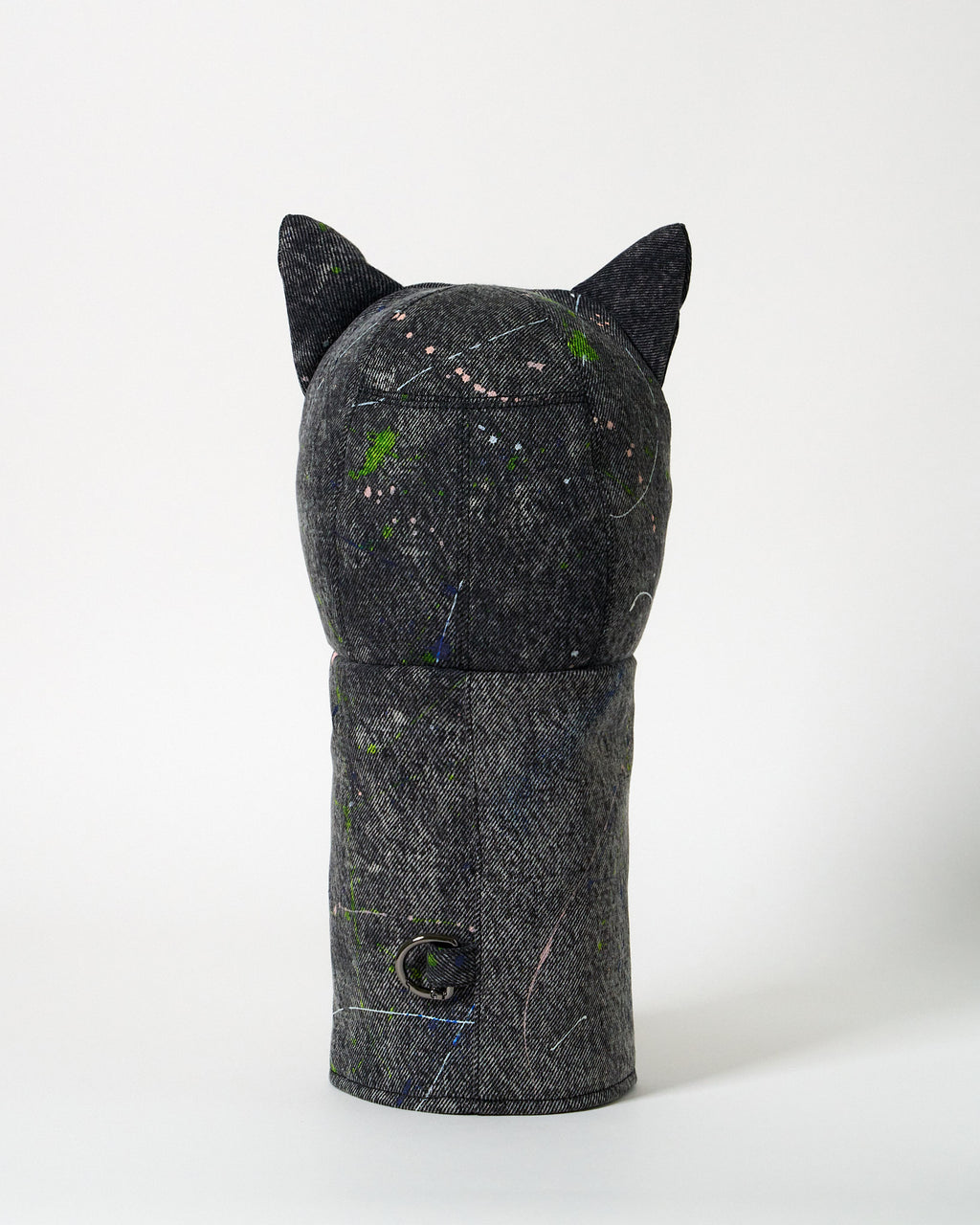 Structured dark gray denim golf driver headcover featuring an abstract Jackson Pollock-inspired paint-splatter design.