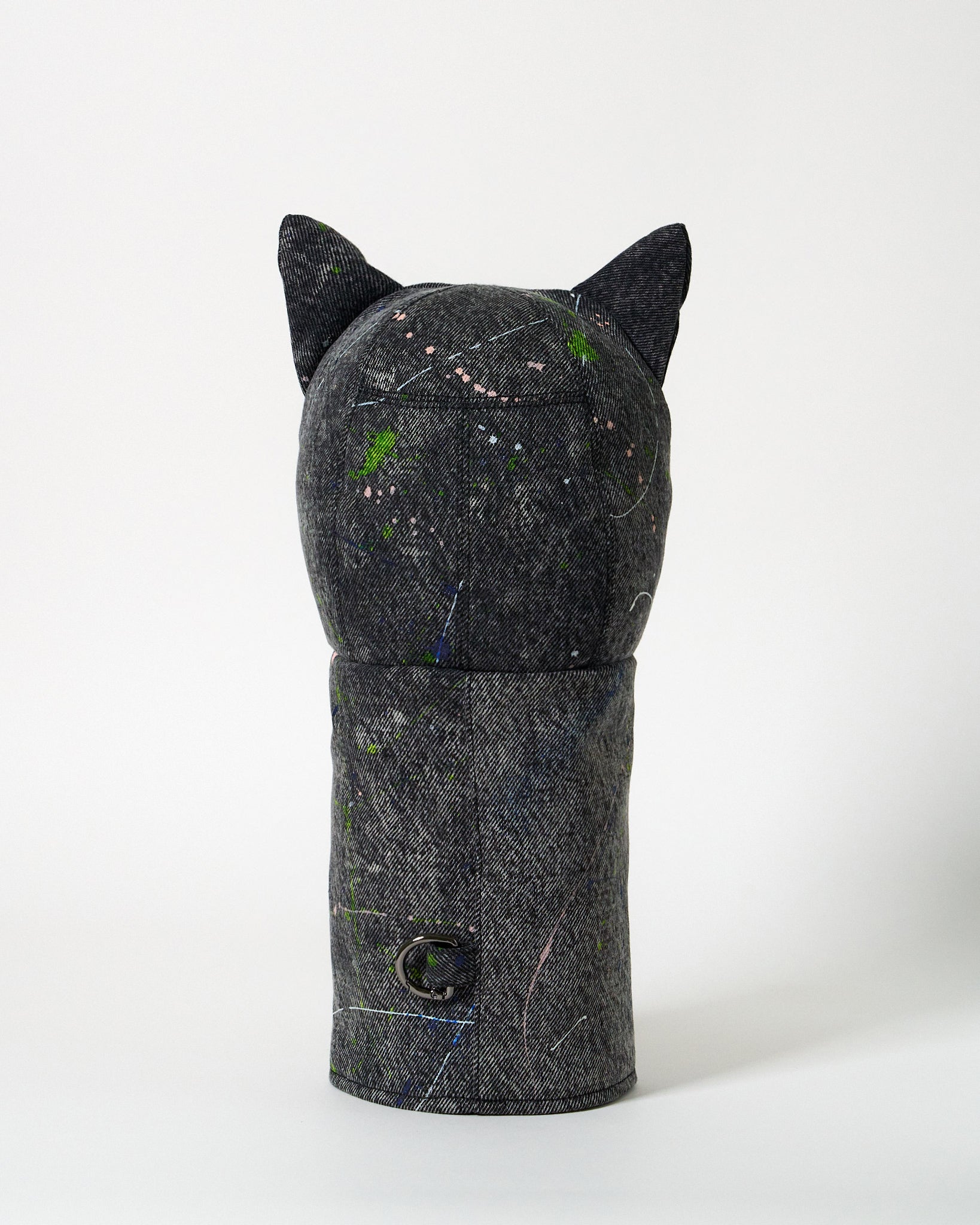 Structured dark gray denim golf driver headcover featuring an abstract Jackson Pollock-inspired paint-splatter design.