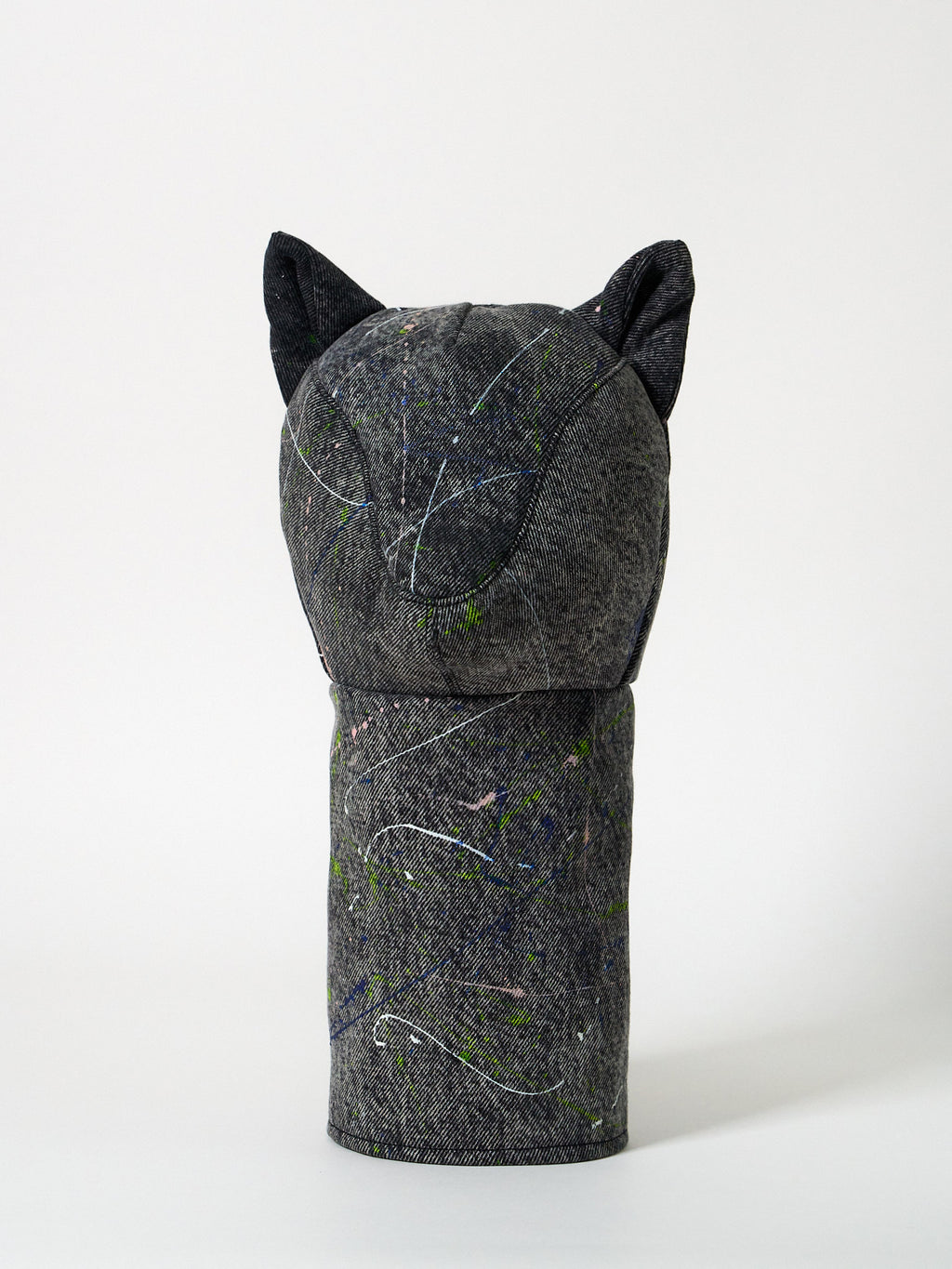 Structured dark gray denim golf driver headcover featuring an abstract Jackson Pollock-inspired paint-splatter design.