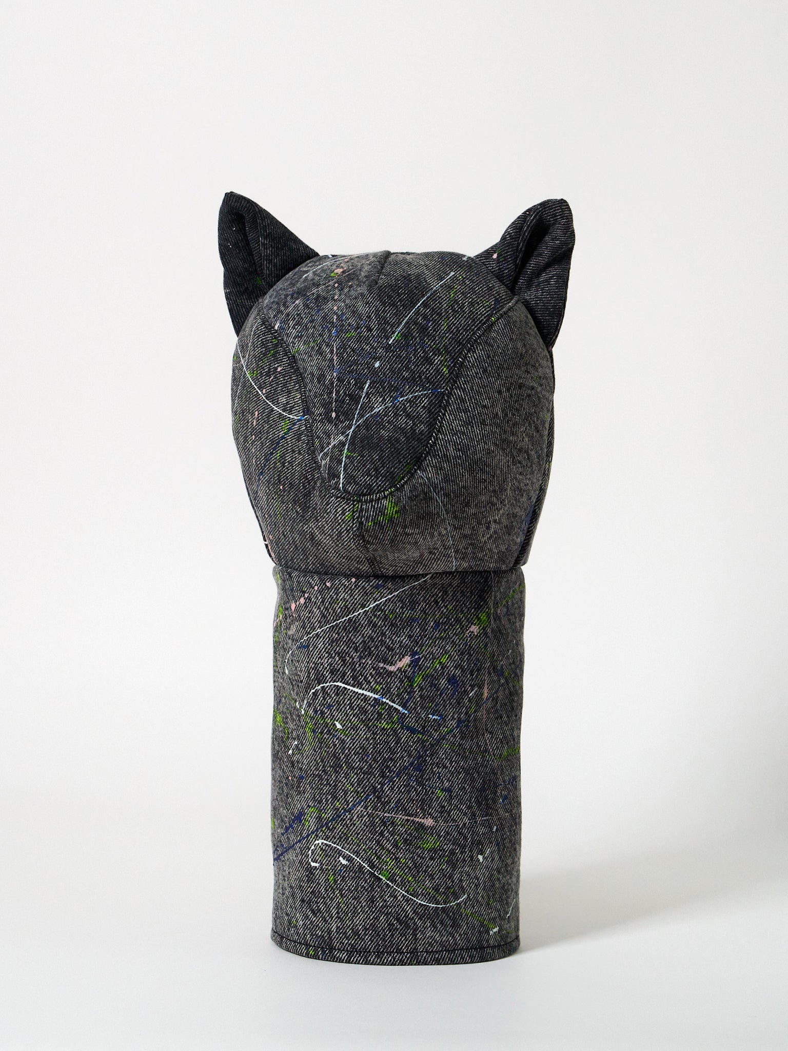 Structured dark gray denim golf driver headcover featuring an abstract Jackson Pollock-inspired paint-splatter design.