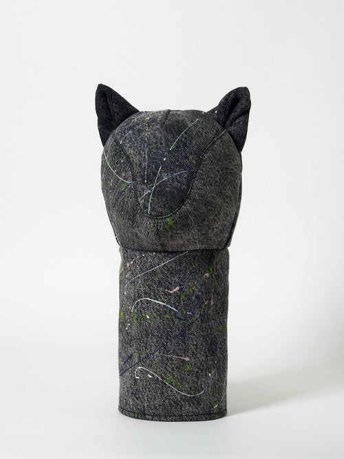 Structured dark gray denim golf driver headcover featuring an abstract Jackson Pollock-inspired paint-splatter design.