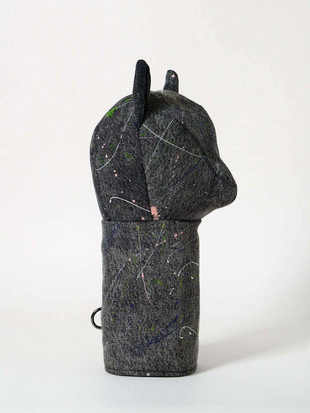 Structured dark gray denim golf driver headcover featuring an abstract Jackson Pollock-inspired paint-splatter design.