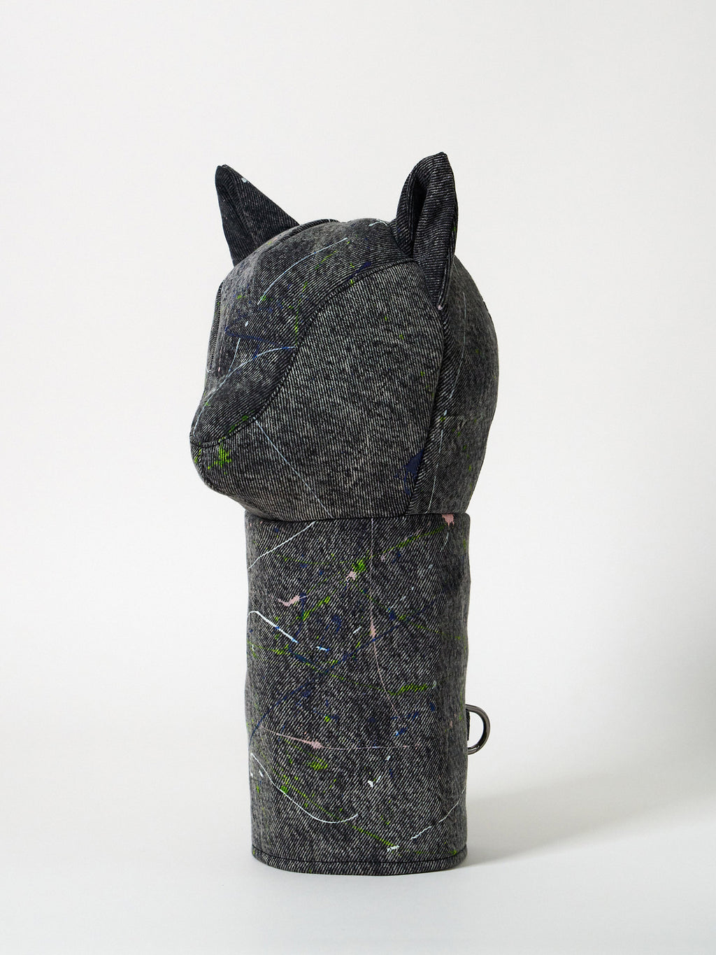 Structured dark gray denim golf driver headcover featuring an abstract Jackson Pollock-inspired paint-splatter design.
