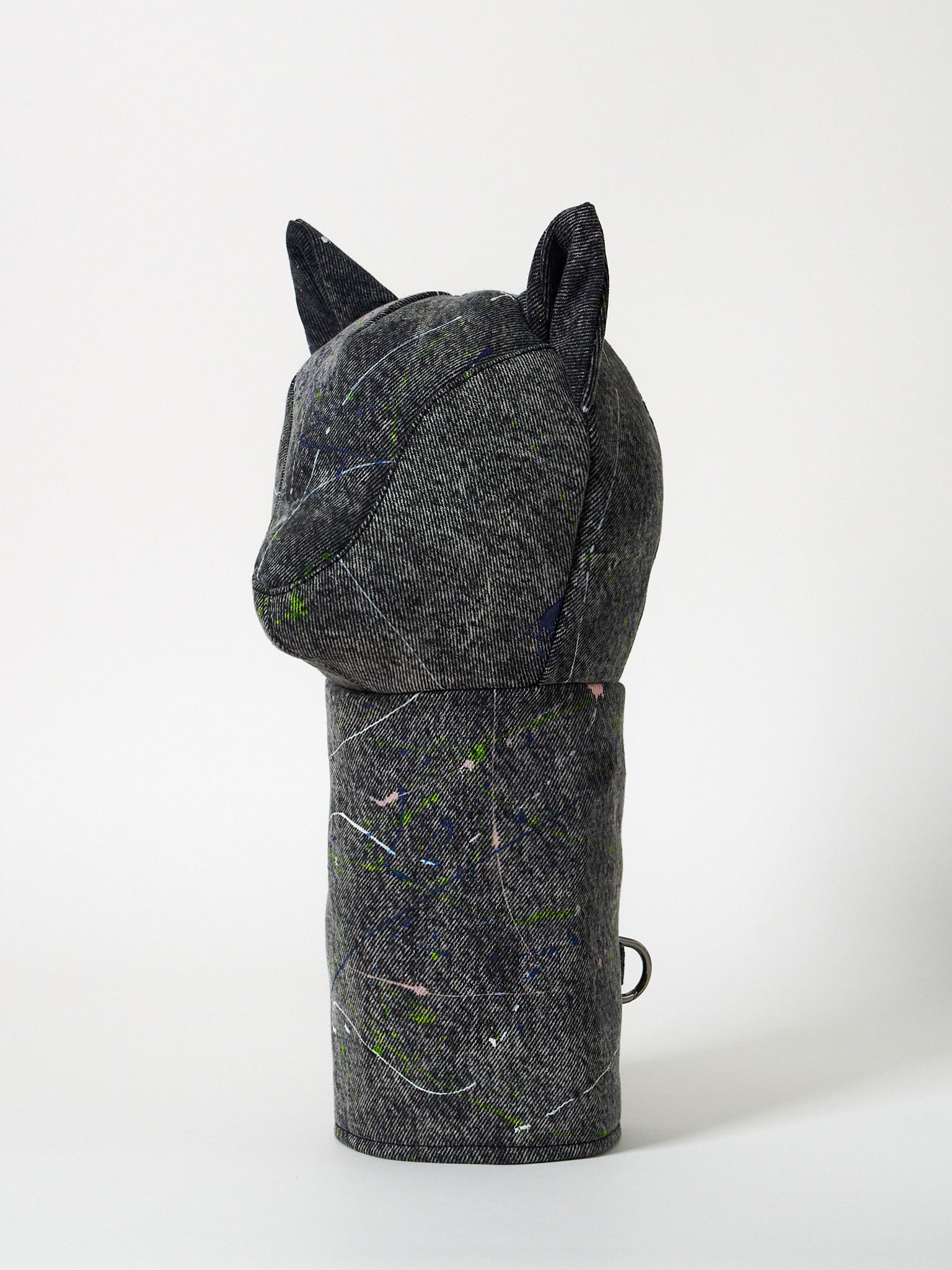 Structured dark gray denim golf driver headcover featuring an abstract Jackson Pollock-inspired paint-splatter design.