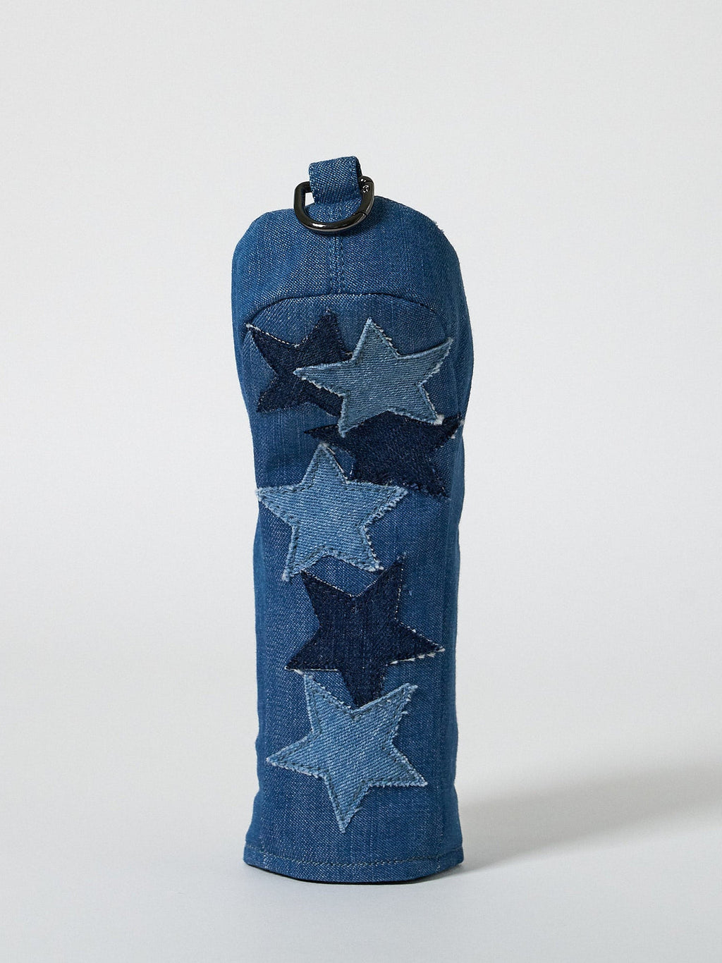 Handmade indigo denim hybrid golf club headcover featuring star patchwork, back side