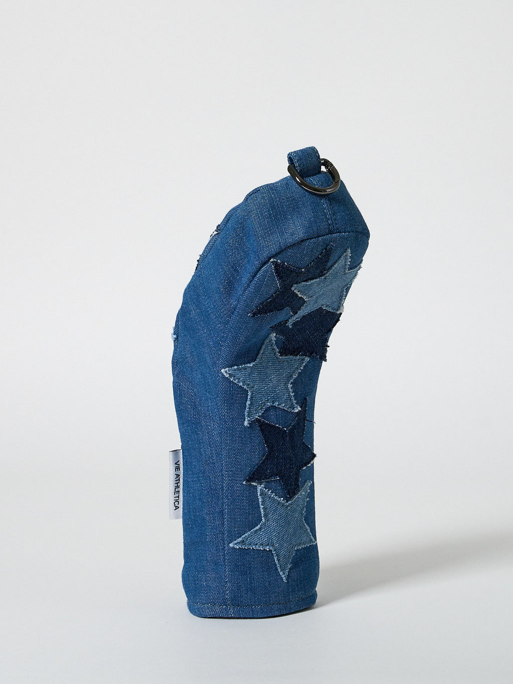 Handmade indigo denim hybrid golf club headcover featuring star patchwork, side 