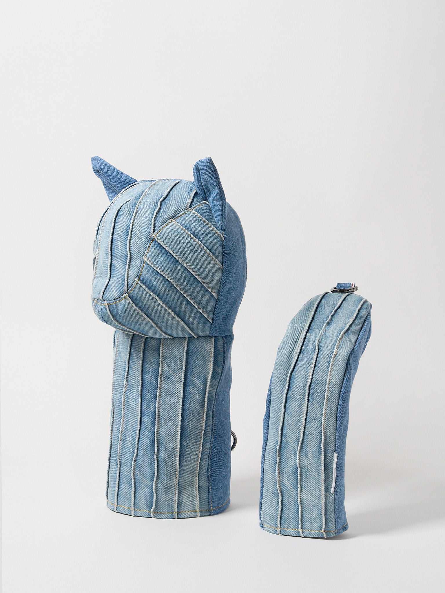 Vie Athletica striped denim driver head cover and fairway wood head cover set side view