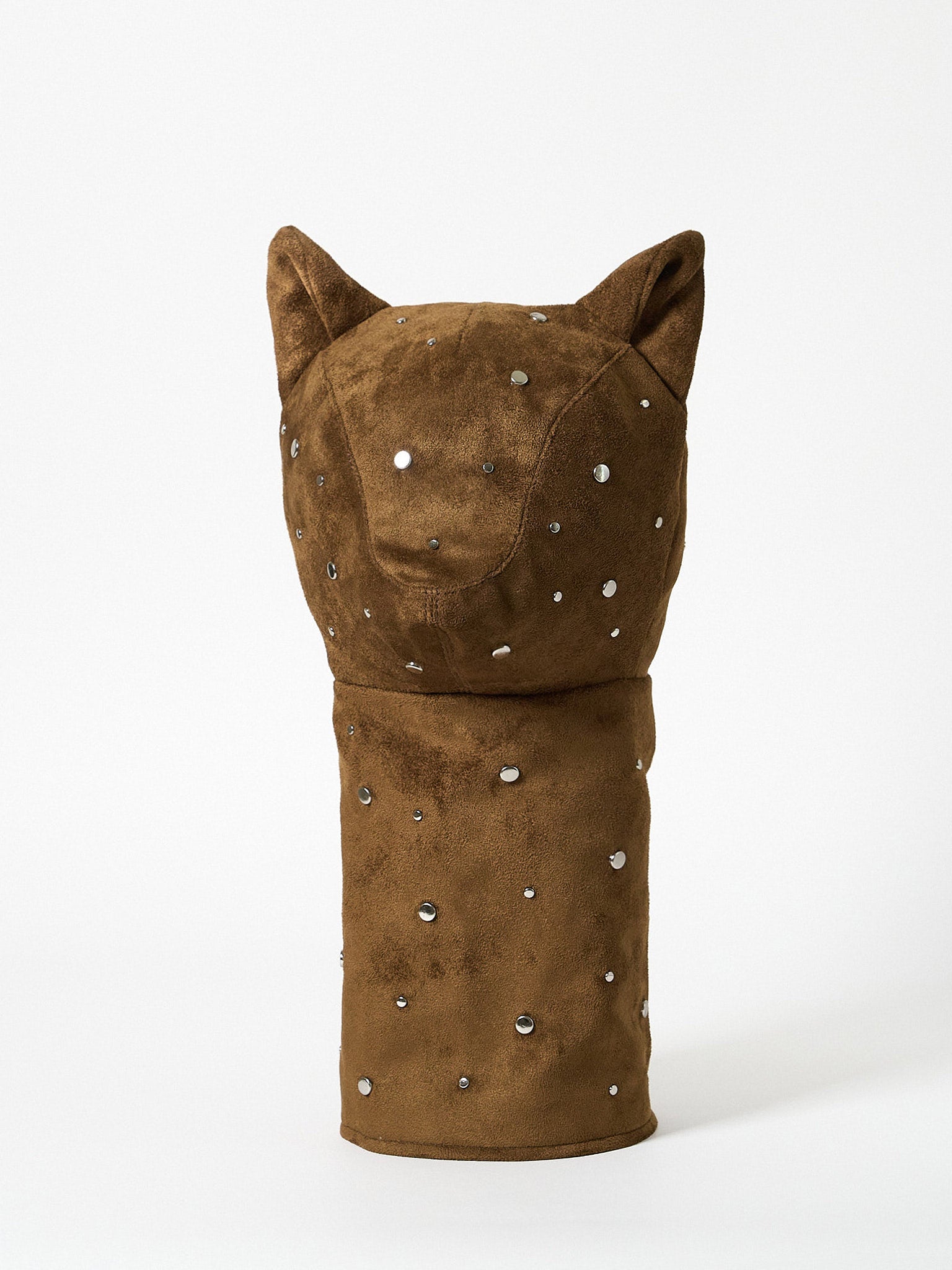 A premium structured golf headcover made from textured suede fabric and embellished with a decorative pattern of metal studs.