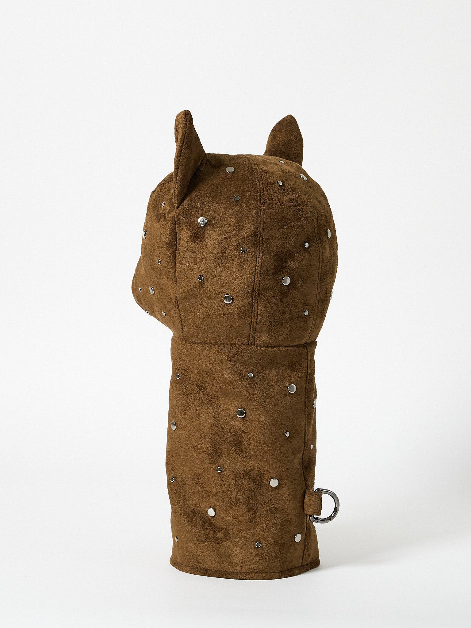 A premium structured golf headcover made from textured suede fabric and embellished with a decorative pattern of metal studs.